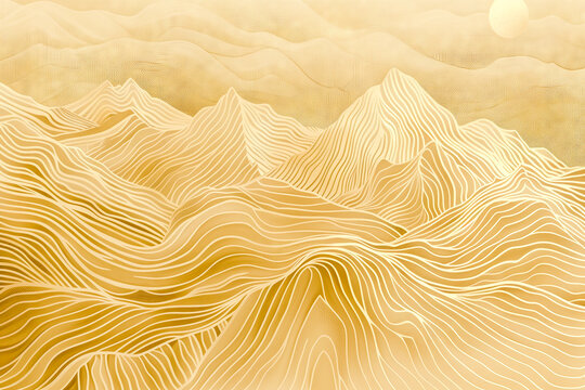 Gold mountain wallpaper design with landscape line arts, Golden luxury background design for cover, invitation background, packaging design, wall arts, fabric, and print. Vector illustration