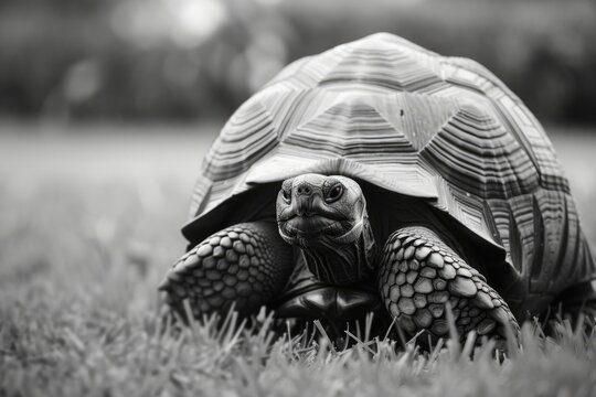wise old tortoise moves slowly, carrying the weight of wisdom.