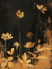 A painting featuring bright yellow flowers against a bold black background, creating a striking contrast.