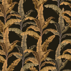 Seamless pattern with gold banana leaves. Vector. - 755107627