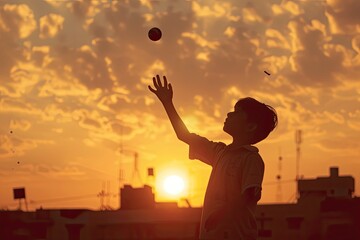 young boy trying to catch a cricket ball during sunset. - obrazy, fototapety, plakaty