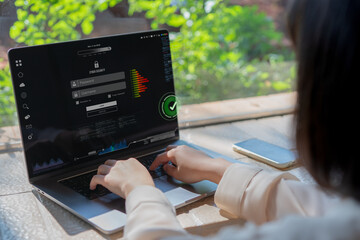 Cyber security on modern virtual interface, Businesswoman log in to internet security ,Social media and databases ,Accessing credit card information ,Verify your identity ,Privacy system.