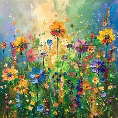 A vibrant painting depicting a field filled with colorful flowers in full bloom, showcasing a variety of hues and types.