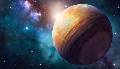 Infinite universe with stars and galaxies. Sci-fi landscape with planets. Open space.