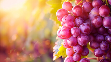 bunch of ripe grapes in a vineyard at sunset. autumn harvest - obrazy, fototapety, plakaty