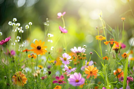Bright summer flowers against a lush green meadow