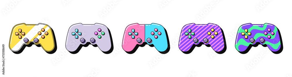 Poster isolated retro gamepad icon set, vector stickers. golden joystick, videogame station, playing consol