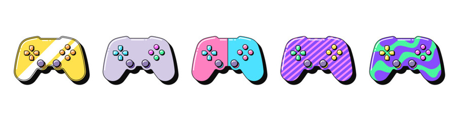 Isolated retro gamepad icon set, vector stickers. Golden joystick, videogame station, playing console gadget. Outline 3d game controllers with pattern. Retro design elements for ads and pop culture © Дмитрий Майер