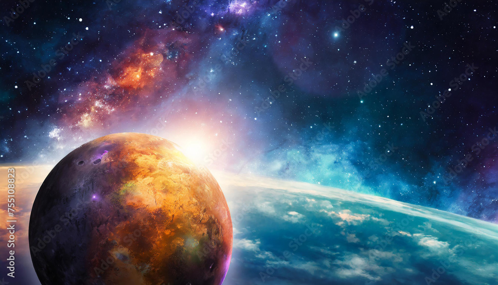 Wall mural infinite universe with stars and galaxies. sci-fi landscape with planets. open space.