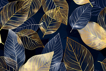 Luxury wallpaper design with gold leaf and natural background. Leaves line art design for fabric, prints and background texture, Vector illustration.