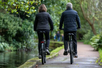 active mature couple having fun using their bicycles next to each other. in a park 