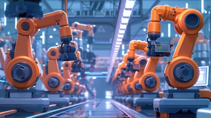 Smart manufacturing solutions with IoTenabled robots depicted in a futuristic 3D cartoon animation