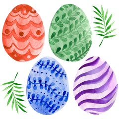 Watercolor colored Easter holiday eggs illustrated set