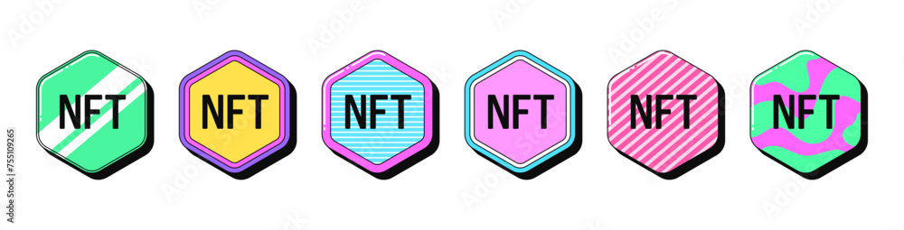 Poster isolated retro nft token icon set, vector stickers. nft technology, digital token collection, virtua