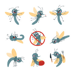 Fototapeta premium Cartoon mosquitoes. Isolated funny mosquito in various poses. Seasonal insect vampire, flying buds. Forest parasit, classy vector characters