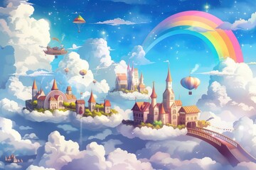 Cities resting on clouds, connected by rainbow bridges and airships.