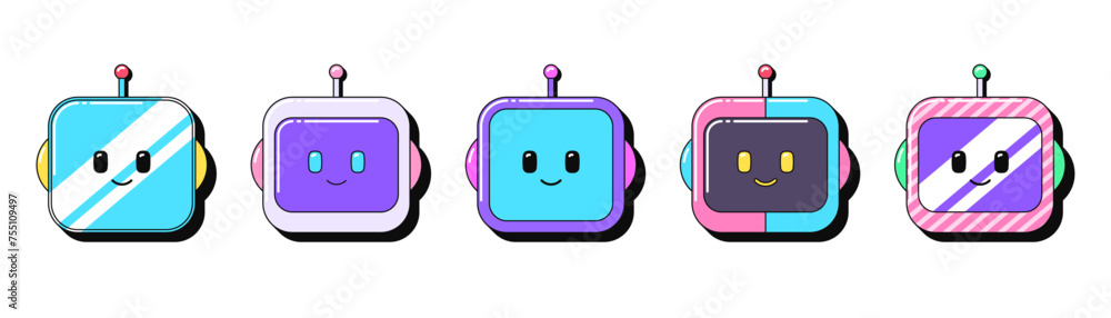 Poster isolated retro bot icon set, vector stickers. cute robot head, virtual smart assistant, phone chatbo