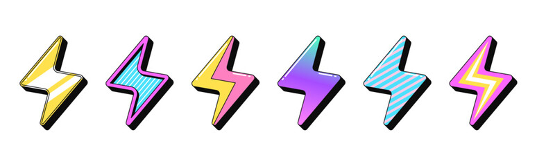 Isolated retro lightning icon set, vector stickers. Lightning flash, electric charge, energy recharge, electricity power. Outline 3D lightnings with pattern. Retro design elements for ads and party © Дмитрий Майер