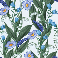 Seamless pattern with lilies of the valley and other flowers. Vector. - 755109425