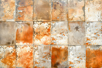 Old brown gray rusty vintage worn shabby patchwork motif tiles stone concrete cement wall texture background banner