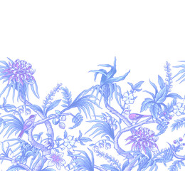 Chinoiserie border with branches, flowers and birds. Vector. - 755109615