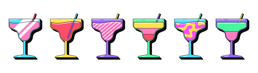 Isolated retro cocktail icon set, vector stickers. Cocktail party, glasses with juice or alcohol drink, summer bar. Outline 3D cocktails with pattern. Retro design elements for ads and pop party