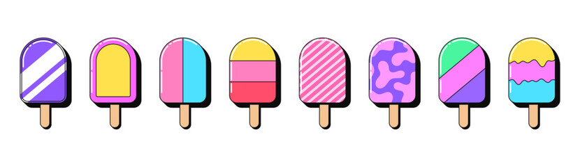 Isolated retro popsicle icon set, vector stickers. Fruit ice cream, frozen juice with stick, summer lollipop bar. Outline 3D popsicles with pattern. Retro design elements for ads and pop party