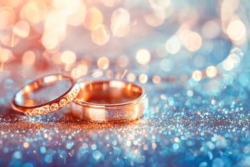 Obraz na płótnie Canvas Pair of shiny wedding rings on a sparkling background, with copy space, luxury