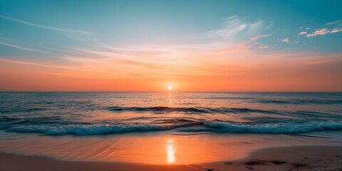 Naklejka na ściany i meble Mesmerizing sunset on beach orange and blue sky sun setting peaceful sea. Concept Beach Photography, Sunset Colors, Tranquil Seascapes, Nature's Beauty, Twilight Serenity