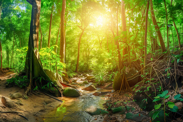 panorama banner background of tropical forest landscape scene for using in concept of environmental ecology and sustainable energy or Earth day, wild wood scenic using for wallpaper of spa and tourism