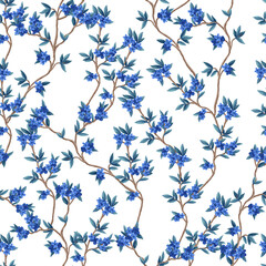 Seamless pattern with blue flowers and branches. Vector. - 755110079