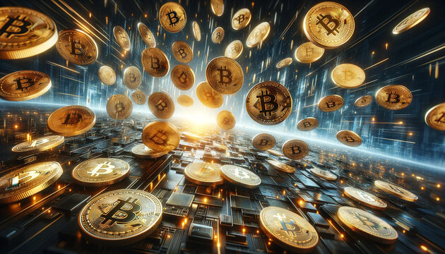 A dynamic panoramic digital artwork depicting numerous golden Bitcoin coins in a state of free fall against a dark, futuristic backdrop. 