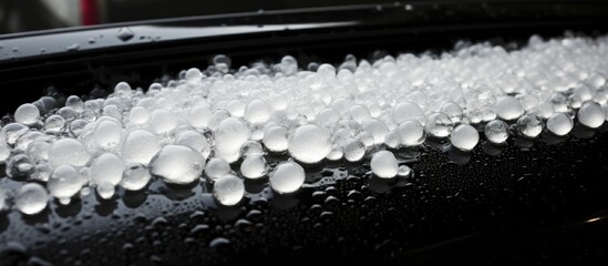A closeup monochrome photograph of a pile of frozen hail on the side of a car, showcasing the fluid transformation from water to ice during the freezing event