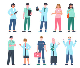 Doctors and nurses. Medical workers in uniform. Hospital team characters, ambulance employee. Pediatrician and surgery, splendid vector set