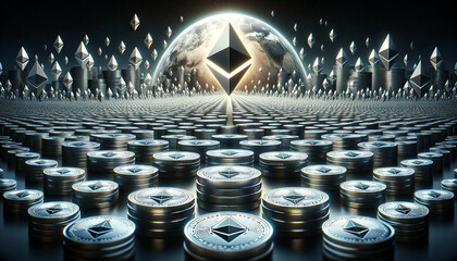 A panoramic digital scene filled with numerous silver Ethereum coins, creating a sea of Ethereums. The scene is set against a dark
