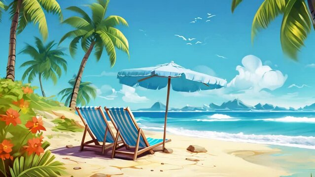 Illustration of a lounge chairs on a hot tropical beach