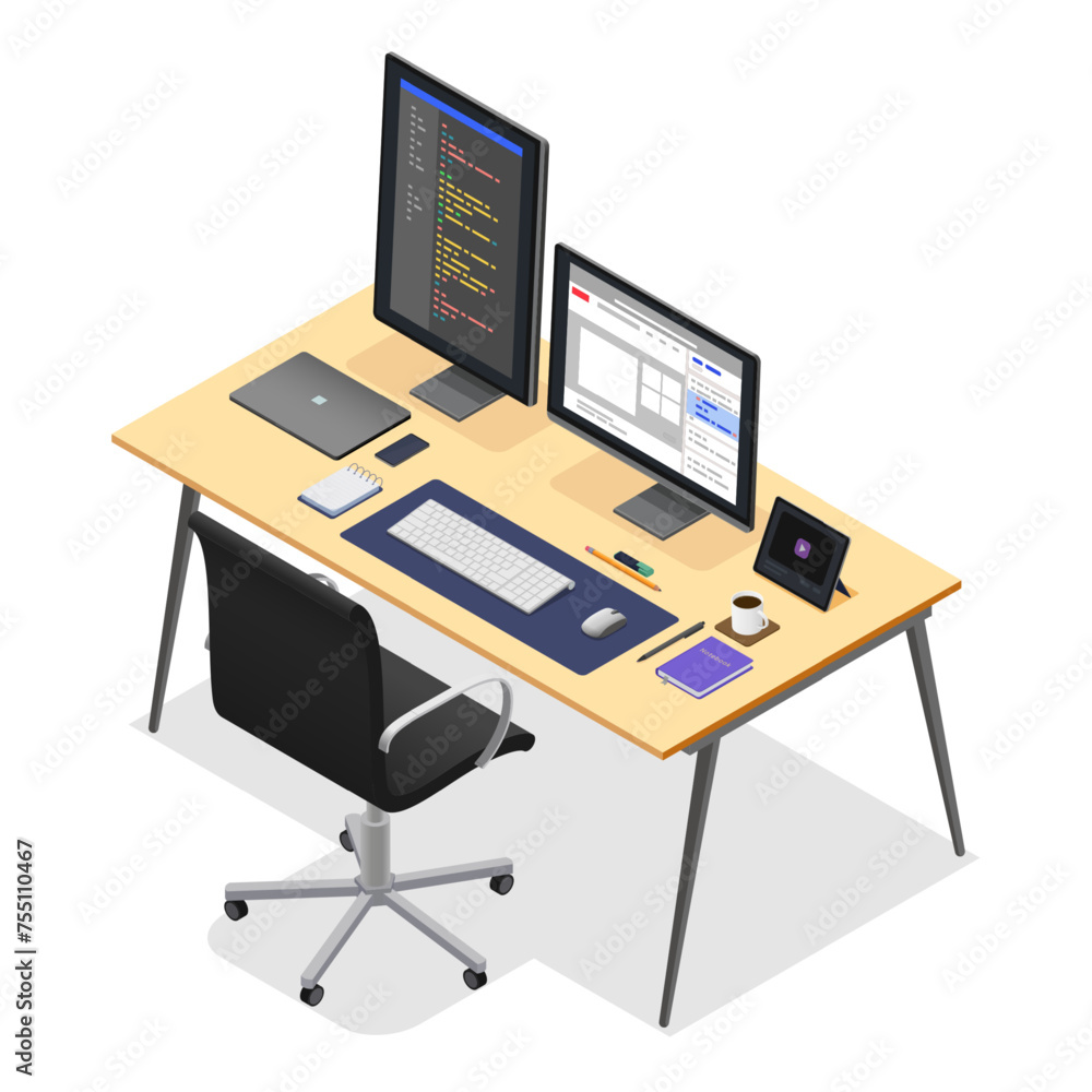 Poster isometric workspace. development or designer office place with computer, monitor and tablets. work c