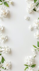 a clean, white space adorned with small, delicate Gardenia flowers arranged in the corner, presented in a flat lay, top view, perfect for a phone background, exuding cleanliness and minimalism.