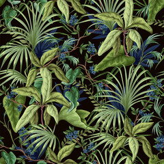 Seamless pattern with exotic trees, leaves and flowers. Vector. - 755110631