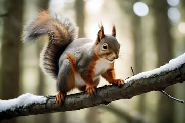Obraz premium Cute red squirrel on a snowy branch in the forest