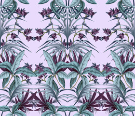 Seamless pattern with exotic trees, leaves and flowers. Vector. - 755110809