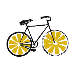 graphics bicycle with lemon colored wheels