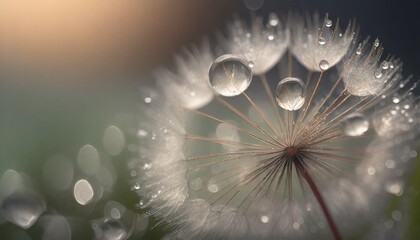 macro nature beautiful dew drops on dandelion seed macro beautiful soft background water drops on parachutes dandelion copy space soft focus on water droplets circular shape abstract background