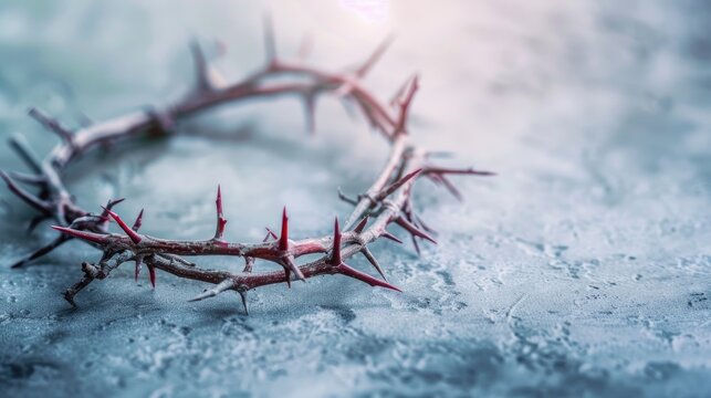 Jesus' crown of thorns placed on a nearby cloth, illuminated by a light background.