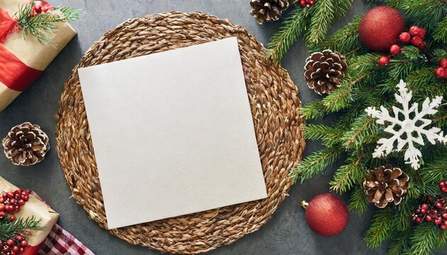 top view blank a3 paper placemat on a christmas table mockup photo realistic render