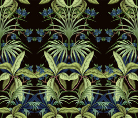 Seamless pattern with exotic trees, leaves and flowers. Vector. - 755111254