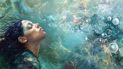 ethereal underwater woman, aqua tones, dreamy art - obrazy, fototapety, plakaty