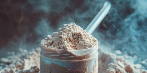 Close-up shot of a maxed out scoop with protein powder with a mystical smoke background