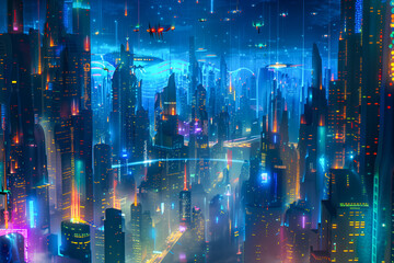 Spectacular nighttime in cyberpunk city of the futuristic fantasy world features skyscrapers, flying cars, and neon lights. Digital art 3D illustration. Acrylic painting