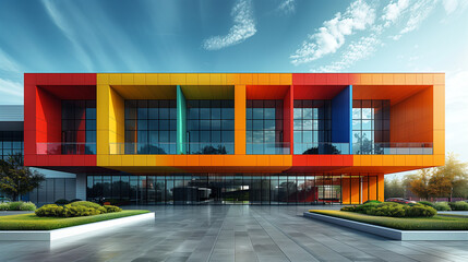 Modern colorful public building with green space, e.g. school or museum